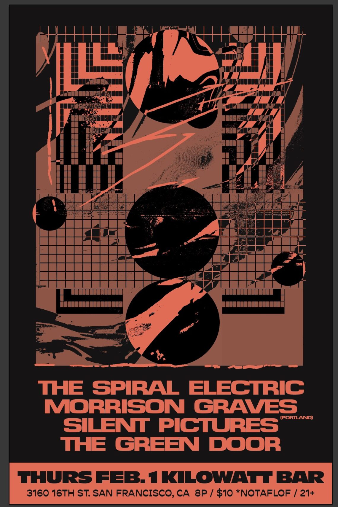 A night of cosmic exploration featuring: THE SPIRAL ELECTRIC (heavy melodic psych) MORRISON GRAVES (psych rock) SILENT PICTURES (post-punk / psych) THE GREEN DOOR (western psych)